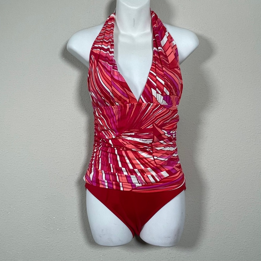 La Blanca One‎ Piece Swimsuit Womens 6 Red Pink Abstract Halter Excellent 5445
